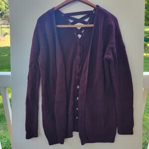 Hippie Rose Juniors Open-Front Lace-Up Cardigan in Artisan Wine, Size L
